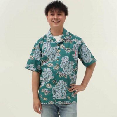 【マンゴハウスのかりゆしウェア】メンズ　Lサイズ　グリーン　おきなわサマースノー　251171