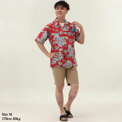 【マンゴハウスのかりゆしウェア】メンズ　3Lサイズ　レッド　おきなわサマースノー　251171