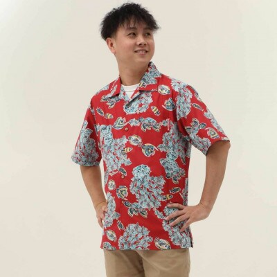 【マンゴハウスのかりゆしウェア】メンズ　3Lサイズ　レッド　おきなわサマースノー　251171