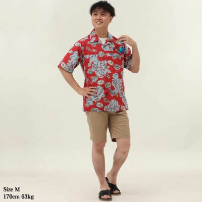 【マンゴハウスのかりゆしウェア】メンズ　Sサイズ　レッド　おきなわサマースノー　251171