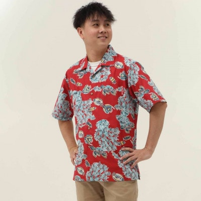 【マンゴハウスのかりゆしウェア】メンズ　Sサイズ　レッド　おきなわサマースノー　251171