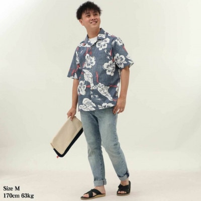 【マンゴハウスのかりゆしウェア】メンズ LLサイズ ネイビー ヤンバルクイナウォーク 251168