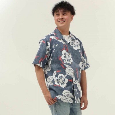 【マンゴハウスのかりゆしウェア】メンズ LLサイズ ネイビー ヤンバルクイナウォーク 251168