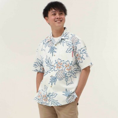 【マンゴハウスのかりゆしウェア】メンズ　Lサイズ　アイボリー　トントンあぐーハイビー　251177