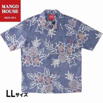 【マンゴハウスのかりゆしウェア】メンズ LLサイズ ネイビー トントンあぐーハイビー 251177