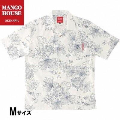 【マンゴハウスのかりゆしウェア】メンズ Mサイズ アイボリー 面シーサーハイビー 251169