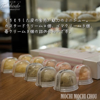 宮城県大崎市|もちもちシュー 10個入【カスタード・ごま・苺クリーム詰め合わせ】
