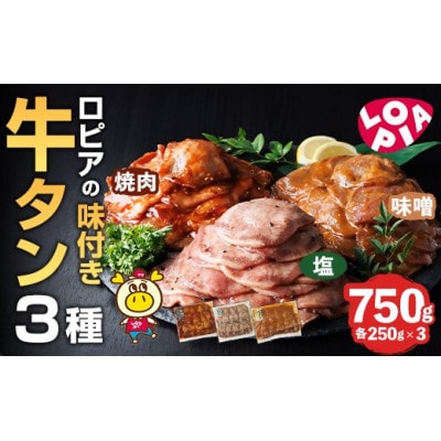 味付け牛タン3種(味噌だれ・塩だれ・焼肉だれ)各250g