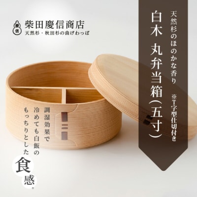【大館曲げわっぱ】白木 丸弁当箱(五寸)※T字型仕切付き
