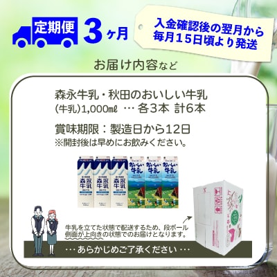 【定期便3か月】森永牛乳1000mlと秋田のおいしい牛乳1000ml　6本セット(各3本)