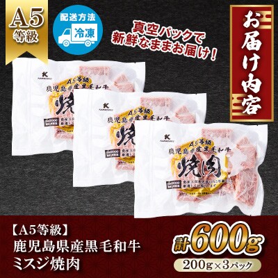 【A5等級】鹿児島県産 黒毛和牛 ミスジ 焼肉(計600g) 【カミチク】 s626(さつま町)