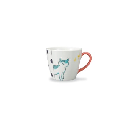 九谷焼　マグカップ　水玉ねこ　岡田絹代作
