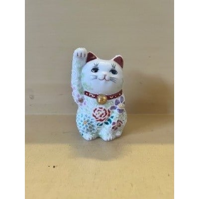 九谷焼　招き猫　右手　白盛華雅　相川志保作