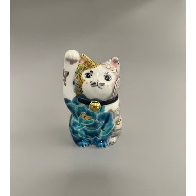 九谷焼　まねき猫　右手　銀蝶文　牡丹図　佐藤剛志作