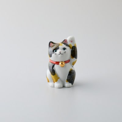 九谷焼　まねき猫　左手　黒華彫ミケ　宮村志晏作