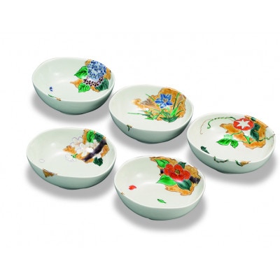 九谷焼　楕円鉢揃　四季の花　宮本晄