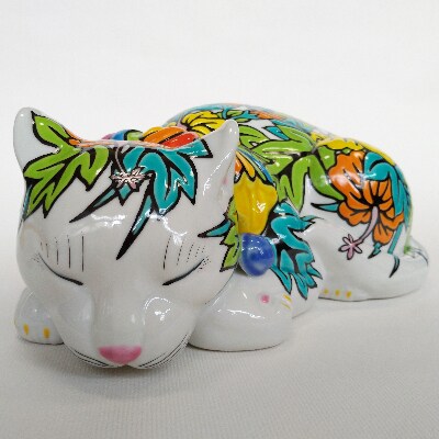九谷焼 「眠り猫 ハイビスカス」 糠川孝之作　