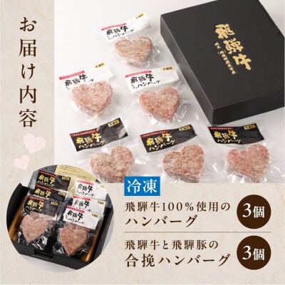  【年内順次発送】【冷凍】飛騨牛ハートハンバーグ・合挽ハートハンバーグ 各3個【22-13n】