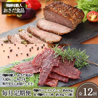 【毎月定期便 12回】飛騨味職人「おさだ食品 定期便」飛騨牛ローストビーフ&飛騨牛干し肉【57-B】