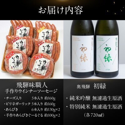 【飛騨 味職人】手作りウインナー4種と【初緑】 無濾過生原酒2種セット【54-16】