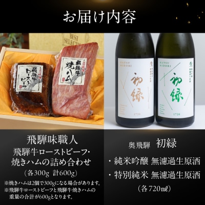 【飛騨 味職人】飛騨牛ローストビーフ・焼ハム(計600g)と【初緑】無濾過生原酒セット【54-18】