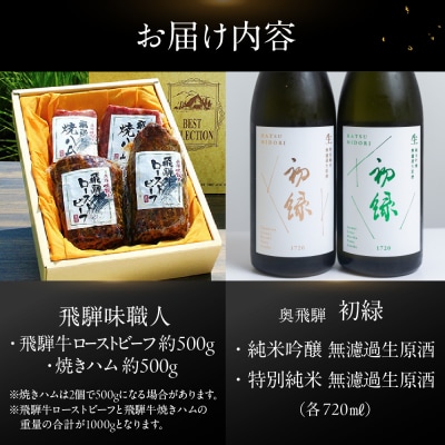 【飛騨 味職人】飛騨牛ローストビーフ・焼ハム(計1kg)と【初緑】無濾過生原酒セット【54-19】