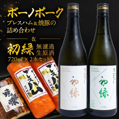 【飛騨 味職人】ボーノポークプレスハム&焼豚と【初緑】 無濾過生原酒2種セット【54-20】