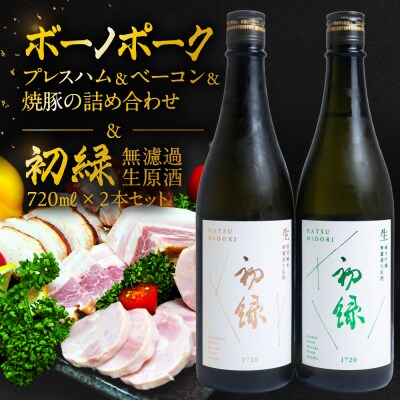 【飛騨 味職人】ボーノポークプレスハム&ベーコン&焼豚と【初緑】 無濾過生原酒セット【54-21】