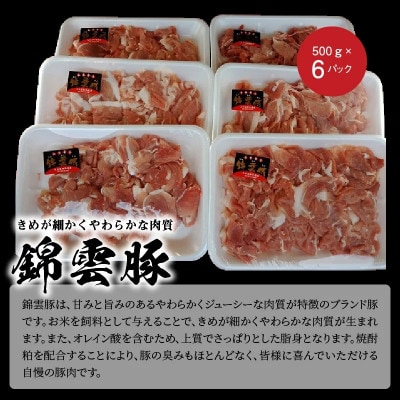 【ブランド豚肉】お米育ちの錦雲豚　切落とし3kg(500g×6p)