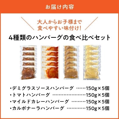 4種類のハンバーグ食べ比べ20個セット(デミグラス・トマト・カレー・カルボナーラ)