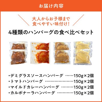 4種類のハンバーグ食べ比べ8個セット(デミグラス・トマト・カレー・カルボナーラ)