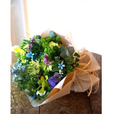 【毎月定期便】生花ナチュラル花束 ブーケ初回花瓶付【CG018】全12回