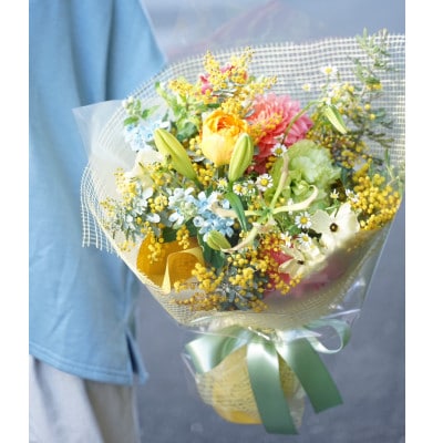 【毎月定期便】生花花束 ブーケM初回花瓶付【CG024】全3回