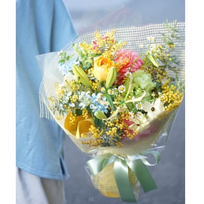 【毎月定期便】生花花束 ブーケM初回花瓶付【CG022】全12回