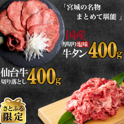 【さとふる限定】お肉の宮城県堪能セット 国産牛タン塩味・仙台牛切り落とし・各400g　計800g　