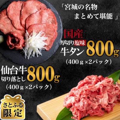 【さとふる限定】お肉の宮城県堪能セット 国産牛タン塩味・仙台牛切り落とし・各800g　計1600g　
