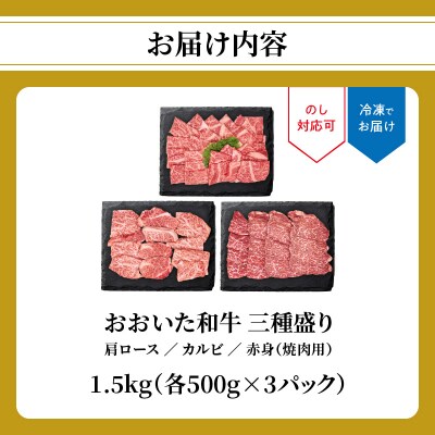 【お中元ギフト】おおいた和牛三種盛り肩ロース・カルビ・赤身焼肉用 各500g_A01143-S