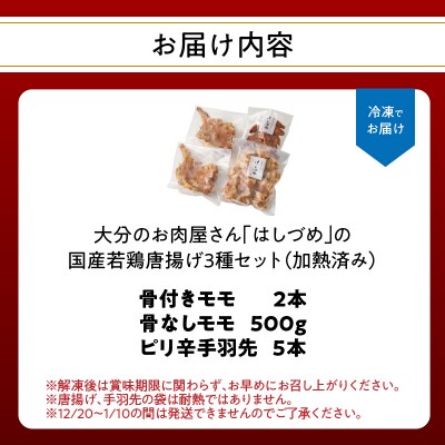 はしづめ国産若鶏唐揚げ3種セット 骨付きモモ・冷やしピリ辛手羽先・骨なしモモ 加熱済み_A03055