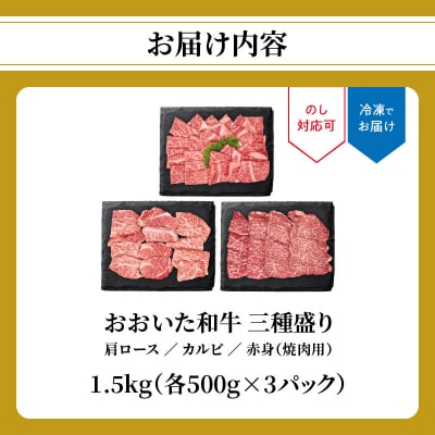 【お歳暮ギフト】おおいた和牛三種盛り 肩ロース・カルビ・赤身焼肉用 計1.5kg_A01143-O