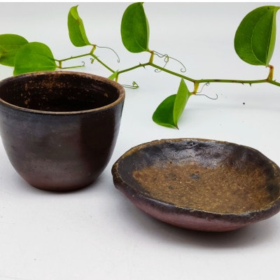 備前焼手びねり小皿と小カップセット(登り窯焼成)