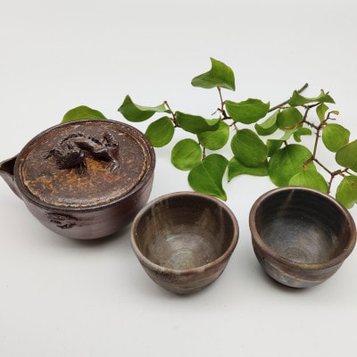 備前焼宝瓶と煎茶碗2個セット(登り窯)