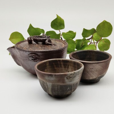 備前焼宝瓶と煎茶碗2個セット(登り窯)