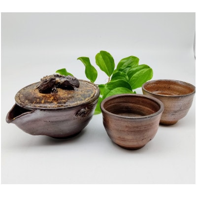 備前焼宝瓶と煎茶碗2個セット(登り窯)