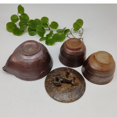 備前焼宝瓶と煎茶碗2個セット(登り窯)