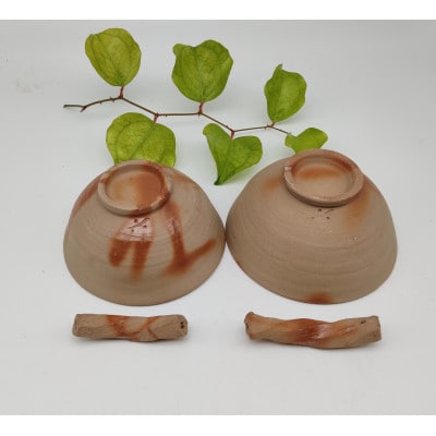 備前焼ヒダスキ飯茶碗、箸置き2個セット