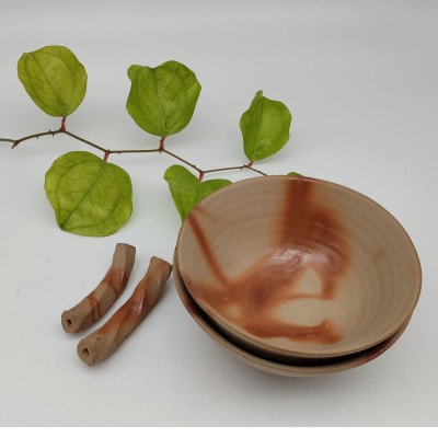 備前焼ヒダスキ飯茶碗、箸置き2個セット