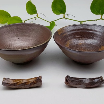 備前焼大飯茶碗・箸置き2個セット(登り窯)