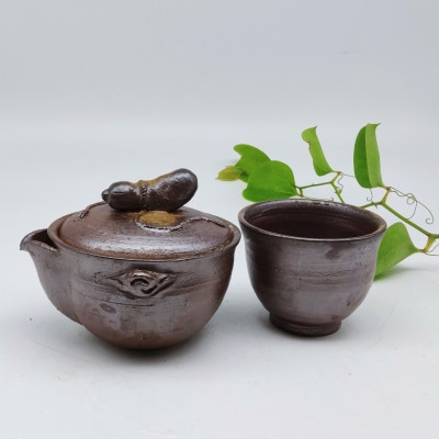 備前焼瓢宝瓶と煎茶碗1個セット(登り窯)
