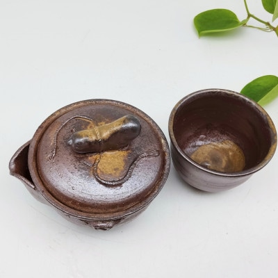 備前焼瓢宝瓶と煎茶碗1個セット(登り窯)