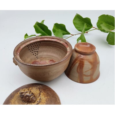 備前焼宝瓶と煎茶碗1個セット(宝瓶は登窯)